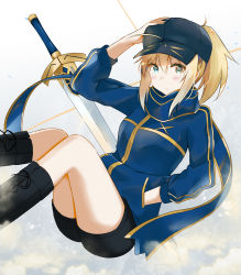 Rule 34 | 1girl, ahoge, artoria pendragon (fate), baseball cap, blonde hair, blue scarf, excalibur (fate/stay night), fate (series), floating, green eyes, hand in pocket, hat, highres, jacket, mysterious heroine x (fate), ponytail, rojiura satsuki : chapter heroine sanctuary, saber (fate), scarf, shorts, solo, swon (joy200892), sword, track jacket, weapon