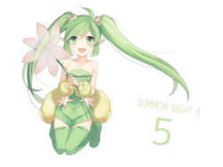 Rule 34 | 1girl, ahoge, bare shoulders, boots, flower, green eyes, green footwear, green hair, green thighhighs, hair flower, hair ornament, long hair, looking at viewer, marurur, matching hair/eyes, open mouth, oxo, pointy ears, simple background, solo, summon night, summon night 3, thigh boots, thighhighs, twintails, white background