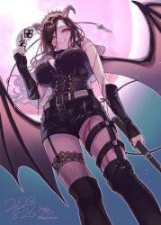 Rule 34 | 1girl, artist name, asymmetrical legwear, belt, black corset, black hair, black shirt, black shorts, black thighhighs, breasts, corset, dated, demon horns, demon tail, demon wings, facial hair, feet out of frame, garter straps, grin, hairband, heart, heart tattoo, herio, highres, holding, holding mask, holding whip, horns, huge breasts, lace, lace-trimmed legwear, lace trim, large breasts, light particles, long hair, looking at viewer, mask, moon, nijisanji, orange eyes, pink moon, pointy ears, shirayuki tomoe, shirayuki tomoe (9th costume), shirt, shorts, signature, smile, solo, spiked hairband, spikes, standing, swept bangs, tail, tattoo, thighhighs, virtual youtuber, white belt, wings