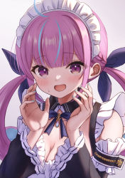 Rule 34 | 1girl, :d, anchor symbol, aquarium (visual novel), blue hair, blue nails, blue ribbon, blunt bangs, blush, braid, breasts, cleavage, colored inner hair, cropped torso, detached collar, detached sleeves, french braid, frilled sleeves, frills, hair ribbon, hands up, highres, hololive, jewelry, long hair, looking at viewer, maid, maid headdress, medium breasts, minato aqua, multicolored hair, nail polish, open mouth, pendant, purple background, purple eyes, purple hair, ribbon, sakuraume, smile, solo, streaked hair, sweatdrop, upper body, virtual youtuber