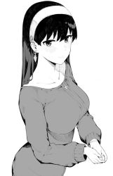Rule 34 | 1girl, black hair, blush, breasts, closed mouth, earrings, from side, greyscale, hai ookami, hairband, jewelry, large breasts, long hair, looking at viewer, monochrome, own hands together, simple background, smile, solo, spy x family, straight hair, sweater, white background, yor briar