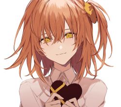 Rule 34 | 1girl, bad id, bad twitter id, box, box of chocolates, chaldea uniform, fate/grand order, fate (series), fujimaru ritsuka (female), gift, hair between eyes, hair ornament, hair scrunchie, heart-shaped box, holding, holding gift, long hair, long sleeves, looking at viewer, nozz177, orange eyes, orange hair, scrunchie, side ponytail, simple background, smile, solo, upper body, white background