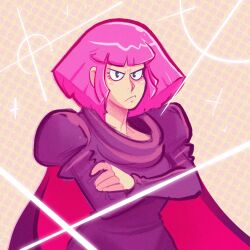 1girl angry black_cape black_dress blue_eyes breasts cape commentary crossed_arms dress english_commentary frown gundam haman_karn highres looking_at_viewer mostlyghostly pink_hair short_hair simple_background solo sparkle toon_(style) zeta_gundam