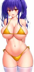 Rule 34 | 1girl, :d, absurdres, arms behind back, asamura hiori, azur lane, bare shoulders, bikini, breasts, cleavage, collarbone, commentary request, cowboy shot, groin, hair between eyes, highres, large breasts, long hair, looking at viewer, micro bikini, navel, official alternate costume, open mouth, pola (azur lane), pola (seaside coincidence) (azur lane), purple hair, red eyes, redrawn, side-tie bikini bottom, sidelocks, simple background, skindentation, smile, solo, standing, stomach, swimsuit, thick thighs, thigh gap, thighhighs, thighs, twintails, underboob, wet, wet legwear, white background, white thighhighs, yellow bikini