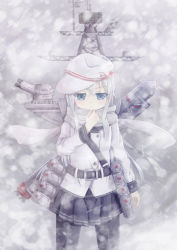 Rule 34 | 10s, 1girl, antennae, belt, belt pouch, black pantyhose, blue eyes, blue skirt, coat, cowboy shot, hammer and sickle, hibiki (kancolle), highres, hikari niji, holding, holding behind back, kantai collection, looking at viewer, pantyhose, pleated skirt, pouch, scarf, skirt, snow, snowing, solo, standing, torpedo, verniy (kancolle), white hair, winter clothes, winter coat