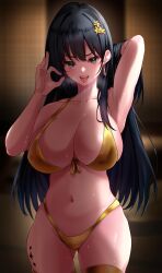 Rule 34 | 1girl, absurdres, baizhi (wuthering waves), bikini, black hair, blurry, blurry background, breasts, collarbone, commentary, drooling, fellatio gesture, front-tie top, gold bikini, hair lift, hair ornament, hand in own hair, highleg, highleg bikini, highres, large breasts, long hair, looking at viewer, mija (mija1890), navel, solo, swimsuit, tacet mark (wuthering waves), tongue, tongue out, wuthering waves