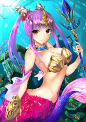 Rule 34 | 1girl, air bubble, armor, bare shoulders, bikini, bikini armor, bikini top only, blue hair, blush, breasts, brown eyes, bubble, cleavage, diadem, female focus, gem, gradient hair, hair ornament, highres, jewelry, large breasts, light rays, long hair, looking at viewer, mermaid, midriff, miracle hoshi, monster girl, multicolored hair, navel, neck ring, original, pillar, polearm, purple hair, scales, shell, shell hair ornament, solo, spear, swimsuit, twintails, underwater, weapon