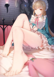 Rule 34 | 1girl, barefoot, blonde hair, blush, braid, character request, chinese commentary, commentary request, copyright request, eine (virtuareal), feet, goat, highres, long hair, looking at viewer, maid, maid headdress, nijisanji, orange eyes, soles, solo, stuffed animal, stuffed rabbit, stuffed toy, sweat, thighs, toes, trophy head, virtual youtuber, virtuareal, xiao ren