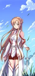 Rule 34 | 1girl, asuna (sao), blue sky, braid, breasts, brown eyes, brown hair, closed mouth, cloud, coat, detached sleeves, floating hair, half up half down braid, hand on hilt, hao718, highres, long hair, long sleeves, medium breasts, miniskirt, outdoors, pleated skirt, red skirt, skirt, sky, sleeveless, sleeveless coat, smile, solo, standing, sword, sword art online, thighhighs, very long hair, weapon, white coat, white sleeves, white thighhighs