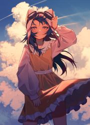 Rule 34 | 1girl, absurdres, animal hat, aviator cap, blue hair, brown hair, cat hat, cloud, cloudy sky, dress, ev-oo, expressionless, female focus, frills, goggles, goggles on headwear, hat, highres, long hair, original, outdoors, sky, solo, yellow dress