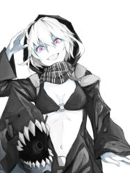 Rule 34 | 10s, 1girl, abyssal ship, cannon, glowing, glowing eyes, grin, haruhito, hood, kantai collection, long sleeves, navel, open mouth, pale skin, pink eyes, purple eyes, re-class battleship, salute, scarf, short hair, silver hair, slit pupils, smile, solo, teeth, weapon