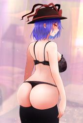 Rule 34 | 1girl, arano oki, ass, back, bare arms, bare shoulders, black bra, black hat, black panties, black thighhighs, blue hair, blush, bow, bra, commentary request, cowboy shot, curtains, from behind, hat, hat bow, indoors, looking at viewer, looking back, nagae iku, panties, profile, red bow, red eyes, short hair, skindentation, smile, solo, standing, thick thighs, thighhighs, thighs, touhou, translation request, underwear