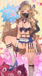 Rule 34 | 1girl, bare shoulders, black gloves, blue footwear, blue skirt, blush, breasts, brown hair, censored, convenient censoring, covered mouth, crotchless, crotchless panties, detached sleeves, earrings, elf, english text, frills, gloves, hand on own hip, harness, heart, high heels, highres, holding, jewelry, kneehighs, leg up, long sleeves, looking at viewer, maid headdress, mask, medium breasts, microskirt, mosaic censoring, mouth mask, music, navel, nipples, original, panties, pink eyes, pointy ears, polka dot, polka dot background, pussy, riding crop, singing, single detached sleeve, skindentation, skirt, socks, solo, sparkle, standing, swept bangs, tajima ryuushi, two side up, underwear, white hair, white panties