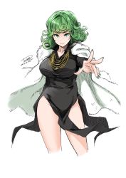 Rule 34 | 1girl, 2015, aged up, alternate breast size, artist name, black dress, breasts, coat, cosplay, cropped legs, curly hair, dated, dress, female focus, fingernails, fubuki (one-punch man), fubuki (one-punch man) (cosplay), fur coat, green eyes, green hair, highres, hip focus, jacket, jacket on shoulders, jewelry, large breasts, matching hair/eyes, nail polish, necklace, no panties, one-punch man, outstretched arm, short hair, side slit, signature, sketch, smile, solo, tachibana roku, tatsumaki, white background