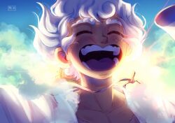 Rule 34 | 1boy, ^ ^, blush, close-up, closed eyes, cloud, commentary, english commentary, floating hair, highres, male focus, maria (yoru chii), monkey d. luffy, one piece, open clothes, open shirt, shirt, short hair, sky, solo, thick eyebrows, white hair, white shirt