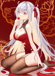 Rule 34 | 1girl, absurdres, alternate costume, azur lane, bare shoulders, black garter straps, breasts, brown thighhighs, china dress, chinese clothes, cleavage, cleavage cutout, clothing cutout, dress, elbe (azur lane), from side, full body, garter straps, highres, large breasts, light purple hair, long hair, looking at viewer, pelvic curtain, pink eyes, qiao gongzi, red background, seiza, sitting, sleeveless, sleeveless dress, solo, thighhighs, very long hair