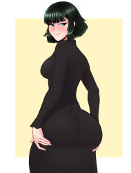Rule 34 | absurdres, ass, blush, breasts, dress, fraankyy, from behind, fubuki (one-punch man), green eyes, green hair, hand on own ass, highres, huge ass, looking at viewer, looking back, nail polish, one-punch man, short hair, shy, smile, standing, thick thighs, thighs, tight clothes, tight dress