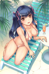 Rule 34 | 1girl, barefoot, bikini, blue hair, blush, breasts, brown eyes, chair, cleavage, drink, hair ribbon, highres, large breasts, long hair, looking at viewer, lounge chair, micro bikini, navel, original, parted lips, ribbon, shiny skin, solo, strap gap, swimsuit, twintails, youbou