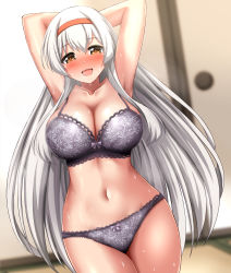 Rule 34 | 1girl, absurdres, armpits, arms behind head, arms up, blurry, blurry background, blush, bra, breasts, brown eyes, cleavage, collarbone, commentary request, commission, cowboy shot, hair between eyes, hairband, highres, indoors, kantai collection, large breasts, long hair, looking at viewer, navel, open mouth, orange hairband, panties, pixiv commission, purple bra, purple panties, shoukaku (kancolle), silver hair, solo, sweat, underwear, zanntetu