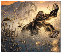 Rule 34 | ape, archery, arrow (projectile), bleeding, blood, bow (weapon), bug, colored blood, cross promotion, death jackal, drew johnson, fire, gorilla, iwi, kaijuu, king kong, king kong (series), kong: skull island, legendary pictures, monsterverse, mother longlegs, mountain, muscular, muscular male, nature, official art, orange blood, polearm, scar, scar on face, skull island: the birth of kong, spear, spider, tie-in, tree, warrior, weapon