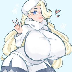 Rule 34 | 1girl, blonde hair, blue eyes, breasts, covered erect nipples, creatures (company), curvy, earrings, female focus, game freak, hat, heart, highres, huge breasts, jewelry, lips, long hair, melony (pokemon), nintendo, pokemon, pokemon swsh, solo, spookiebuni, thick thighs, thighs, v, wide hips