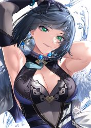 Rule 34 | 1girl, arm behind head, armpits, arms up, blue hair, bob cut, breasts, brooch, capelet, cleavage, closed mouth, dark blue hair, earrings, elbow gloves, fur trim, genshin impact, gloves, green eyes, head tilt, highres, ice reizou, jewelry, large breasts, looking at viewer, medium hair, simple background, single elbow glove, sleeveless, smile, solo, upper body, water, yelan (genshin impact)