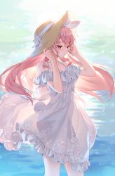 Rule 34 | 1girl, artist name, atelier live, bow, breasts, brown headwear, cleavage, closed mouth, commentary request, dress, frilled dress, frills, hair between eyes, hair ribbon, hairband, hands on headwear, hands up, hat, highres, long hair, looking away, medium breasts, ocean, off-shoulder dress, off shoulder, panties, parted lips, pink hair, pinku (vtuber), red eyes, ribbon, rosuuri, see-through, side-tie panties, solo, standing, straw hat, summer, sundress, thighs, underwear, very long hair, virtual youtuber, water, watermark, web address, white bow, white dress, white hairband, white panties, white ribbon