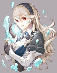 Rule 34 | 1girl, armor, black gloves, black hairband, corrin (female) (fire emblem), corrin (fire emblem), fire emblem, fire emblem fates, gloves, grey background, hairband, long hair, nintendo, parted lips, pointy ears, red eyes, robaco, simple background, solo, stone, twitter username, upper body, white hair