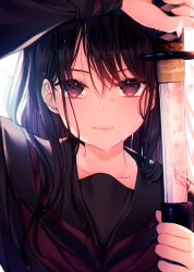 Rule 34 | 1girl, absurdres, black hair, black serafuku, closed mouth, commentary request, eyelashes, hair behind ear, hair flowing over, hair over eyes, highres, holding, holding sword, holding weapon, katana, kuro namako, light particles, long sleeves, looking at viewer, messy hair, neckerchief, original, petals, purple eyes, rain, red neckerchief, reflection, school uniform, serafuku, sheath, solo, sweat, sword, unsheathing, upper body, weapon, wet, wet hair, white background