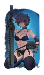 Rule 34 | 1girl, abs, arm up, bandaged hand, bikini, black bikini, black eyes, black headwear, black thighhighs, breasts, brown hair, carrying, carrying under arm, chainsword, character request, cleavage, collarbone, commentary, difman, earrings, english commentary, full body, hair between eyes, hand wraps, unworn headwear, helmet, unworn helmet, highres, holding, holding sword, holding weapon, jewelry, kneeling, medium breasts, navel, no shoes, scarf, solo, stirrup legwear, sweat, swimsuit, sword, thighhighs, toeless legwear, warhammer 40k, weapon, wrist wrap