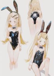 1girl absurdres animal_ear_hairband animal_ears ass bare_legs bare_shoulders black_bow black_bowtie black_leotard blush bow bowtie commentary_request cropped_legs detached_collar fake_animal_ears fake_tail flat_chest flipped_hair gakuen_idolmaster groin hairband highleg highleg_leotard highres idolmaster leotard light_brown_hair long_hair looking_at_viewer multiple_views playboy_bunny rabbit_ear_hairband rabbit_ears rabbit_tail shinosawa_hiro simple_background sitting strapless strapless_leotard tail very_long_hair white_background wrist_cuffs x158239