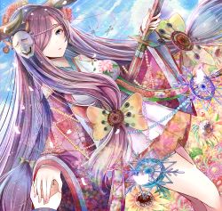 Rule 34 | 10s, 1girl, bad id, bad pixiv id, beads, bow, braid, breasts, draph, dutch angle, floral print, flower, granblue fantasy, hair bow, hair over one eye, highres, holding hands, horns, japanese clothes, kimono, long hair, mask, narmaya (granblue fantasy), nicky w, parted lips, petals, purple eyes, purple hair, sheath, sheathed, solo focus, sword, very long hair, weapon, wide sleeves