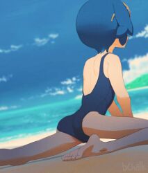 Rule 34 | 1girl, artist name, ass, back, barefoot, beach, blue hair, blue one-piece swimsuit, blue sky, blurry, blurry background, butterchalk, cloud, commentary, creatures (company), day, english commentary, from behind, game freak, highres, lana (pokemon), nintendo, ocean, one-piece swimsuit, outdoors, pokemon, pokemon sm, short hair, sky, soles, solo, swimsuit, toes