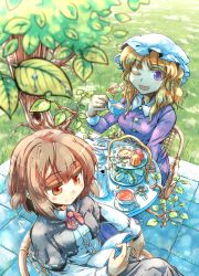 Rule 34 | 2girls, ;d, blonde hair, blush, book, brown eyes, brown hair, capelet, chair, cup, female focus, grass, highres, holding, kettle, looking at viewer, maribel hearn, multiple girls, no headwear, no headwear, okome (kome kuma), one eye closed, open book, open mouth, plate, purple eyes, short hair, sitting, smile, spoon, table, teacup, tiered tray, touhou, tree, usami renko, wink