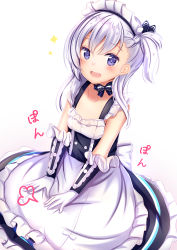 Rule 34 | 1girl, :d, apron, azur lane, bare shoulders, little bel (azur lane), belfast (azur lane), black choker, black dress, blush, choker, collarbone, dress, flat chest, frills, gloves, highres, long hair, looking at viewer, maid, maid headdress, one side up, open mouth, purple eyes, simple background, smile, solo, sparkle, waist apron, white apron, white background, white gloves, white hair, aged down, yuano