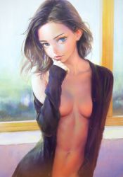 Rule 34 | 1girl, blue eyes, breasts, brown hair, cleavage, collarbone, gradient background, hand on own chin, head rest, highres, indoors, long hair, long sleeves, looking at viewer, nababa, naked shirt, navel, no bra, off shoulder, open clothes, open shirt, original, photorealistic, profile, realistic, shirt, sketch, small breasts, solo, sunlight, upper body, window