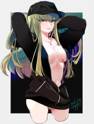 Rule 34 | 1girl, black hoodie, breasts, c.c., cleavage, code geass, dated, gluteal fold, green hair, hat, highres, holding, holding hair, hood, hoodie, long hair, navel, noppo, open clothes, signature, tattoo, unzipped, yellow eyes