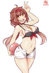 Rule 34 | 1girl, adapted costume, artist logo, ball, bikini, black bikini, breasts, brown eyes, brown hair, cleavage, commentary request, cowboy shot, dated, hair flaps, hairband, highleg, highleg bikini, highleg swimsuit, highres, kanon (kurogane knights), kantai collection, long hair, medium breasts, open fly, open mouth, orange hairband, red hairband, round teeth, shiratsuyu (kancolle), shiratsuyu kai ni (kancolle), short shorts, shorts, simple background, smile, solo, swimsuit, teeth, upper teeth only, v, whistle, whistle around neck, white background, white shorts