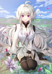 Rule 34 | 1girl, absurdres, ahoge, arm support, blue sky, breasts, expressionless, fate/grand order, fate/prototype, fate (series), field, fingerless gloves, flower, flower field, gloves, hair intakes, hand on lap, highres, hill, hwa n01, large breasts, looking at viewer, merlin (fate/prototype), merlin (fate/prototype) (second ascension), pantyhose, petals, purple eyes, short hair, sitting, sky, solo, wariza, white hair, wide sleeves