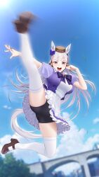 Rule 34 | 1girl, absurdres, animal ears, bike shorts, blue sky, bow, breasts, brown footwear, cloud, cloudy sky, flying kick, full body, gold ship (umamusume), hair bow, hat, highres, horse ears, horse girl, horse tail, kicking, long hair, motion blur, open mouth, outdoors, purple bow, purple eyes, shoes, skirt, sky, solo, tail, teeth, thighhighs, ugohato, umamusume, upper teeth only, white hair, white skirt, white thighhighs