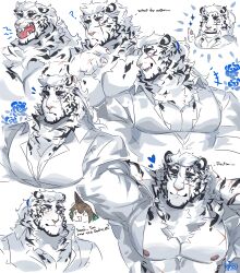Rule 34 | 1boy, 1girl, ?, abs, absurdres, animal ears, arknights, arms behind back, bara, bare pectorals, blue flower, blue heart, character request, collage, cropped torso, english text, expressions, flower, formal, furry, furry male, graysheartart, hand on own chin, highres, index finger raised, large pectorals, laughing, lying, male focus, mature male, mountain (arknights), mountain (book reader) (arknights), muscular, muscular male, nervous smile, nipples, on back, partially unbuttoned, pectoral cleavage, pectorals, pointing, pointing at self, ponytail, scar, scar across eye, scar on arm, sleepy, smile, sparkle, stomach, stroking own chin, suit, tiger boy, tiger ears, white fur, white hair, white suit, yawning