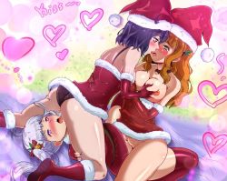 Rule 34 | 3girls, black clover, christmas, cousins, cunnilingus, female focus, heart, incest, licking, mimosa vermillion, multiple girls, noelle silva, oral, purple eyes, pussy juice, pussy to pussy, saliva, saliva trail, santa costume, secre swallowtail, silver hair, tatigami, tongue, tongue out, tribadism, twintails, white hair, yuri