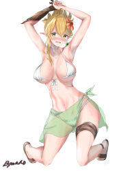 Rule 34 | 1girl, absurdres, armpits, arms up, artist name, bikini, blonde hair, blush, choker, earrings, elf, flower, flying sweatdrops, folded ponytail, fourtwelve, front-tie bikini top, front-tie top, full body, furrowed brow, green eyes, hair flower, hair ornament, halterneck, head tilt, hibiscus, highres, jewelry, kneeling, looking at viewer, nose blush, open mouth, original, pointy ears, sandals, sarong, see-through, signature, simple background, single earring, solo, swimsuit, white background, white bikini