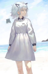 Rule 34 | 1girl, animal ears, antenna hair, arawado, arms at sides, beach, collared dress, commentary request, creature, day, dress, earrings, feet out of frame, fish earrings, floating hair, grey eyes, hair between eyes, highres, jewelry, long sleeves, looking away, looking to the side, medium hair, ocean, original, outdoors, parted lips, silver hair, sky, solo, standing, white dress