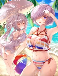 Rule 34 | 2girls, arm up, armpits, ass, ball, beach, beachball, bikini, blue eyes, breasts, cleavage, collarbone, fate/grand order, fate (series), hair over one eye, highres, lady avalon (fate), large breasts, long hair, looking at viewer, mash kyrielight, mash kyrielight (swimsuit of perpetual summer ver.02), merlin (fate/prototype), multicolored bikini, multicolored clothes, multiple girls, navel, ocean, one-piece swimsuit, outdoors, parasol, pink hair, red eyes, see-through, short hair, side-tie bikini bottom, smile, standing, stomach, striped bikini, striped clothes, swimsuit, thighlet, thighs, umbrella, water, wet, white hair, white one-piece swimsuit