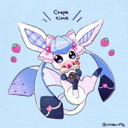 Rule 34 | blue eyes, blush, bow, covered mouth, creatures (company), crepe, english text, food, fruit, full body, game freak, gen 4 pokemon, glaceon, heart, holding, holding food, mochopaccho, nintendo, pink bow, plaid, pokemon, pokemon (creature), polka dot, polka dot background, star (symbol), star print, strawberry, striped, twitter username, wafer stick