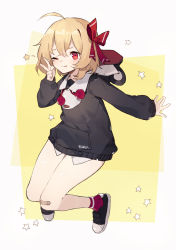 Rule 34 | 1girl, ;q, ahoge, alternate costume, animal hood, bandaid, bandaid on knee, bandaid on leg, bare legs, black footwear, black hoodie, blonde hair, blush, bow, casual, character name, clothes writing, commentary request, contemporary, full body, grey background, hair between eyes, hair bow, hand up, highres, hood, hoodie, long sleeves, looking at viewer, no pants, one eye closed, pocket, red bow, red eyes, red socks, rumia, sh (shinh), shirt, shoes, short hair, smile, sneakers, socks, solo, star (symbol), thighs, tongue, tongue out, touhou, two-tone background, v, white shirt, yellow background