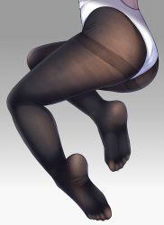 Rule 34 | 1girl, ass, back, black pantyhose, commentary request, feet, fine fabric emphasis, from side, gradient background, grey background, gurande (g-size), head out of frame, highres, legs together, leotard, lower body, no shoes, original, pantyhose, skin tight, soles, solo, thighband pantyhose, thighs, toes, white leotard