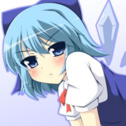 Rule 34 | 1girl, blue eyes, blue hair, blush, bow, cirno, frown, gradient background, hair bow, looking at viewer, masiromu, matching hair/eyes, ribbon, short hair, short sleeves, simple background, solo, touhou, upper body, wings