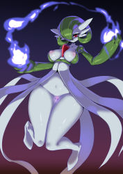 Rule 34 | 1girl, bottomless, breasts, censored, colored skin, creatures (company), floating, game freak, gardevoir, gen 3 pokemon, hair over one eye, hands up, heart, heart censor, highres, large breasts, looking at viewer, magic, navel, nintendo, nipples, one eye covered, pochincoff, pokemon, pokemon (creature), red eyes, smile, solo, white skin